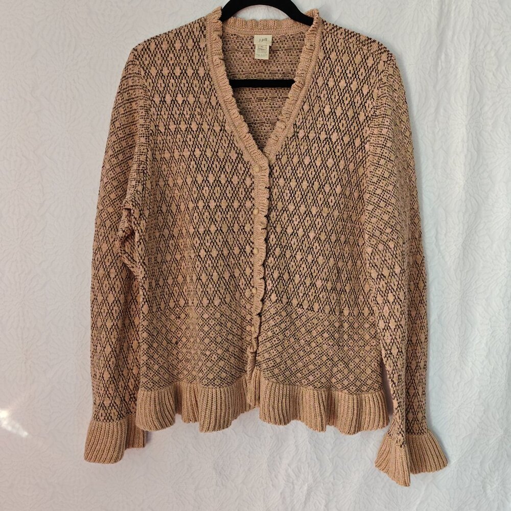 J. JILL Button Down Ruffle Trim V-neck Long Sleeve Cotton Blend Brown XL
